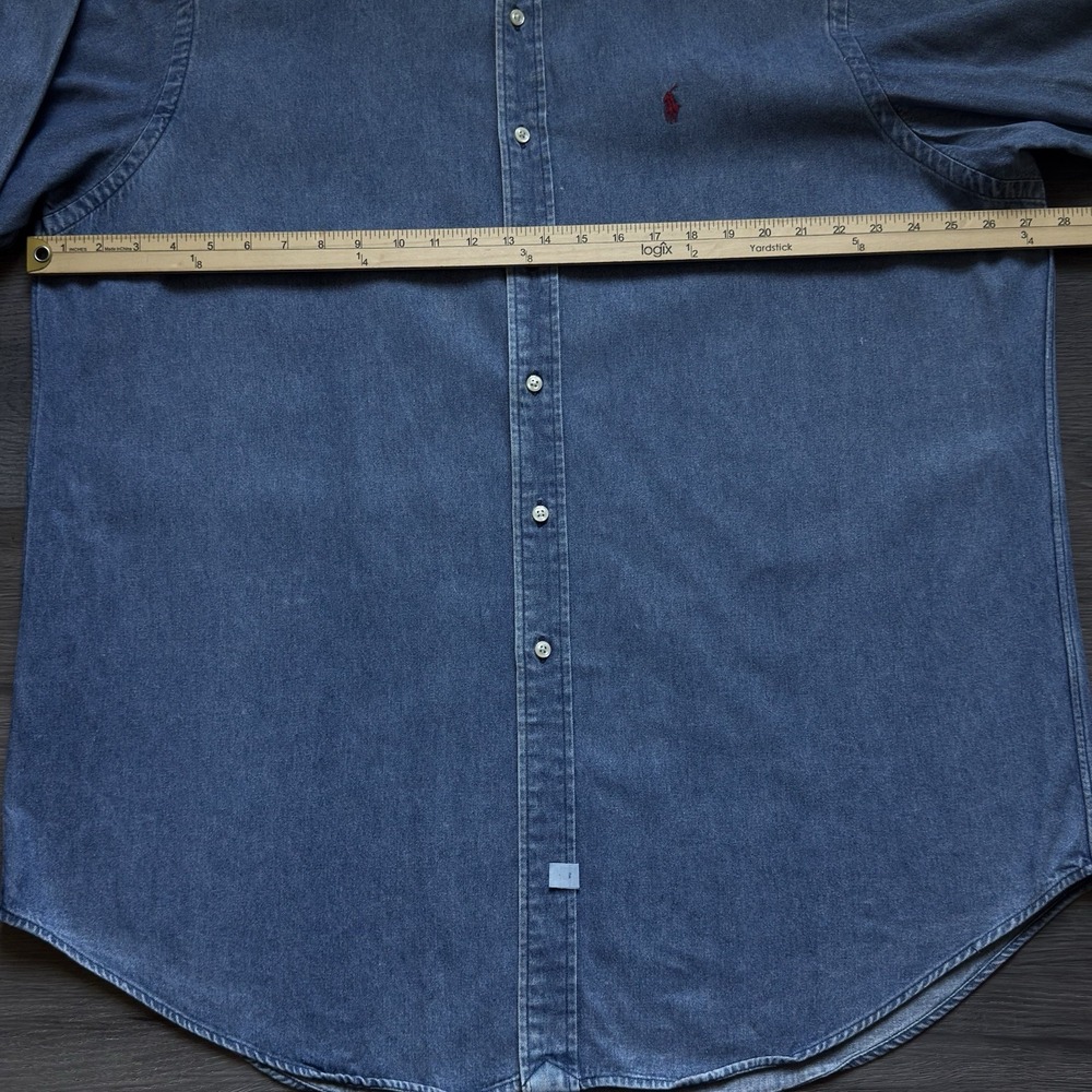 Vintage Polo Ralph Lauren Oxford Denim Shirt Mens 2XL Blue Red Pony Cotton - Picture 5 of 7